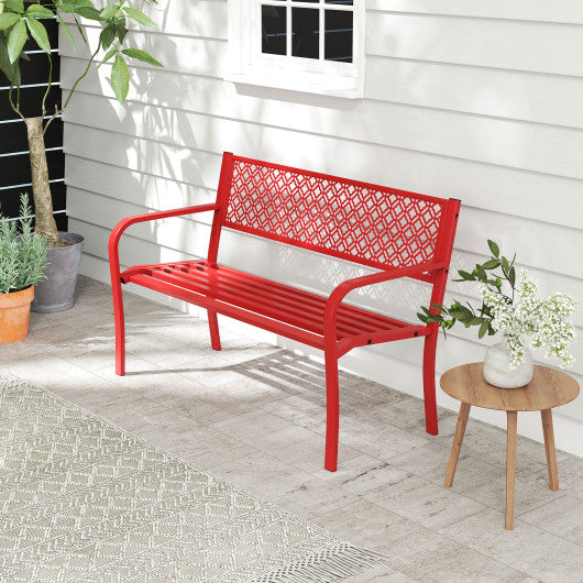 50 Inches Outdoor Garden Bench with Geometric Lattice Backrest and Slatted Seat-Red
