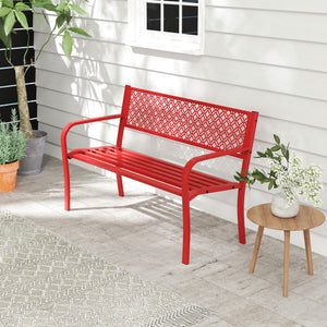 50 Inches Outdoor Garden Bench with Geometric Lattice Backrest and Slatted Seat-Red