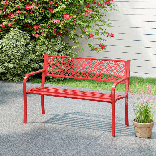 50 Inches Outdoor Garden Bench with Geometric Lattice Backrest and Slatted Seat-Red