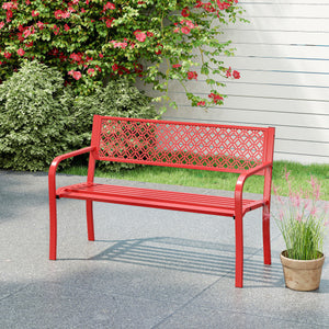 50 Inches Outdoor Garden Bench with Geometric Lattice Backrest and Slatted Seat-Red