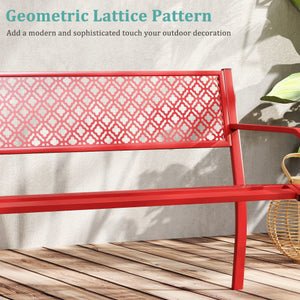 50 Inches Outdoor Garden Bench with Geometric Lattice Backrest and Slatted Seat-Red