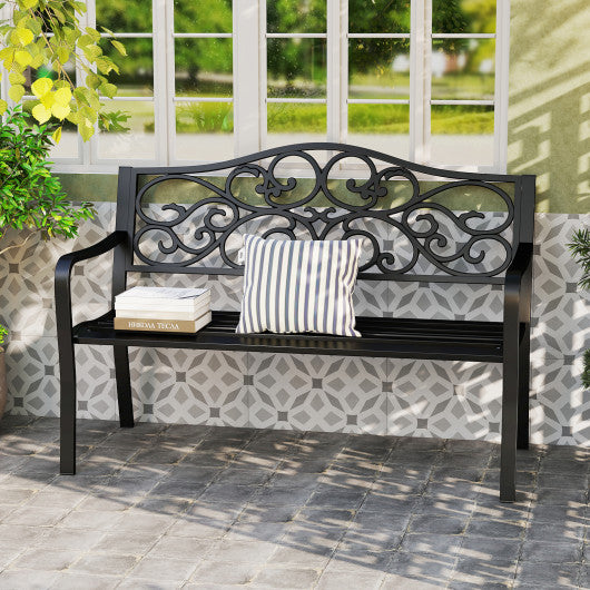 50 Inches Outdoor Garden Bench with Floral Design Backrest and Slatted Seat-Black
