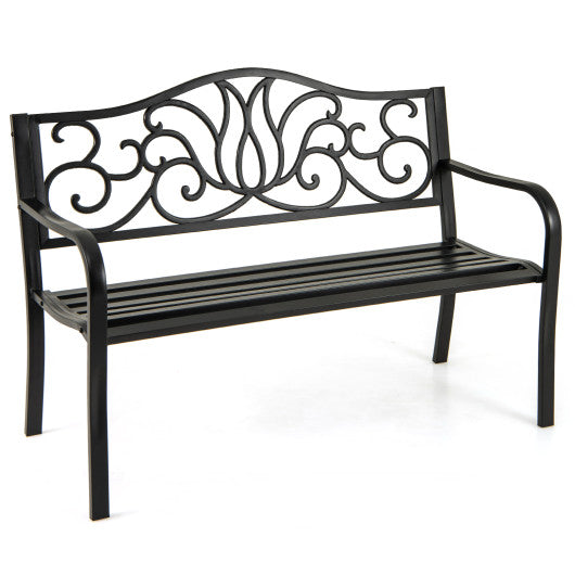 50 Inches Outdoor Garden Bench with Floral Design Backrest and Slatted Seat-Black