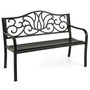 50 Inches Outdoor Garden Bench with Floral Design Backrest and Slatted Seat-Black