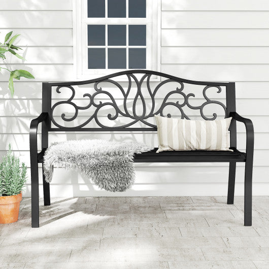 50 Inches Outdoor Garden Bench with Floral Design Backrest and Slatted Seat-Black