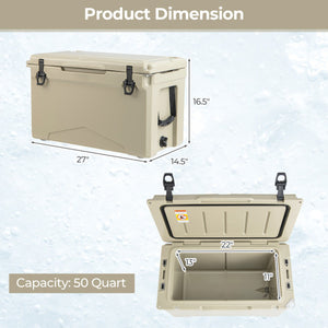 50 QT Rotomolded Cooler Insulated Portable Ice Chest with Integrated Cup Holders-Tan