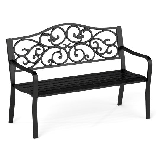 50 Inches Outdoor Cast Iron Metal Patio Bench with Floral Design Backrest and Slatted Seat-Black
