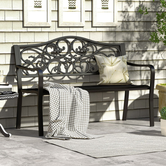 50 Inches Outdoor Cast Iron Metal Patio Bench with Floral Design Backrest and Slatted Seat-Black