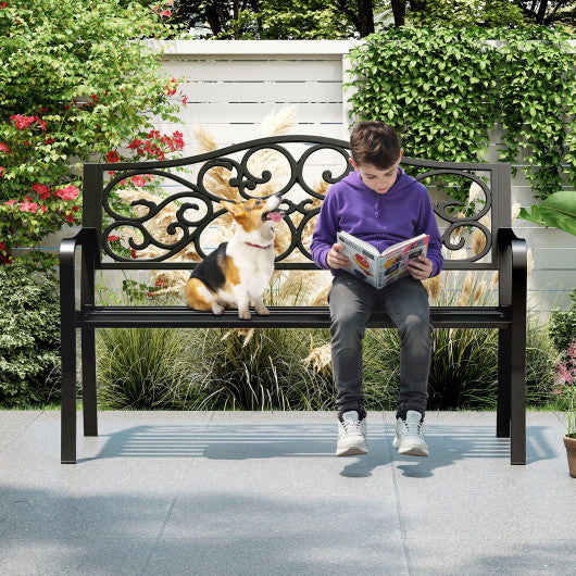 50 Inches Outdoor Cast Iron Metal Patio Bench with Floral Design Backrest and Slatted Seat-Black