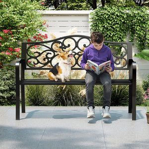 50 Inches Outdoor Cast Iron Metal Patio Bench with Floral Design Backrest and Slatted Seat-Black