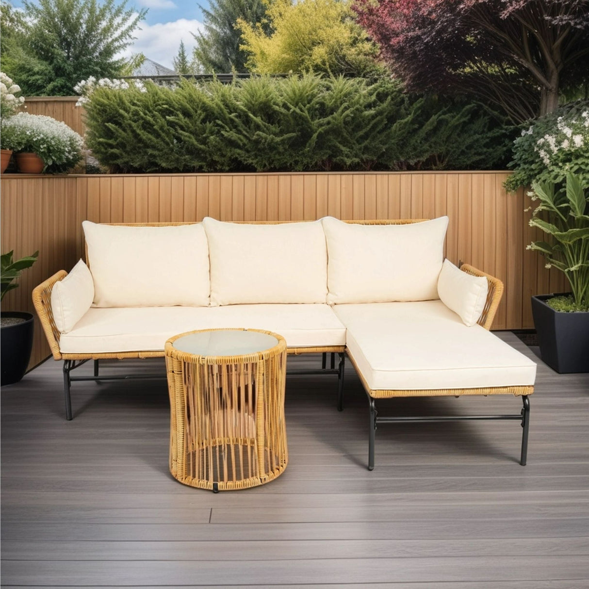 3 Pieces Outdoor Patio Wicker Furniture Sets Table And Chairs With Thick Cushion Outdoor Sofa Set Wicker And Cushion - Natural Yellow / Creme by Couch.com