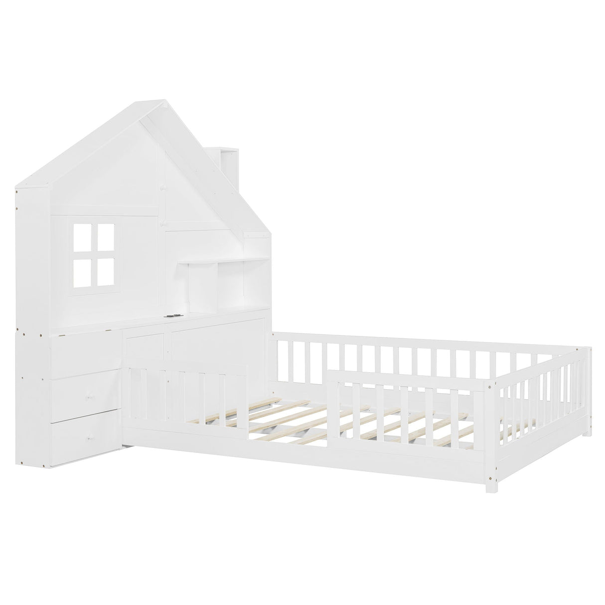 Full Size House Bed With Window And Bedside Drawers, Platform Bed With Shelves And A Set Of Sockets And USB Port - White by Couch.com