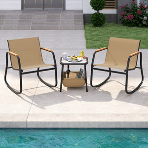 3 Piece Rocking Bistro Chairs and Side Table Set with Storage Bag-Brown