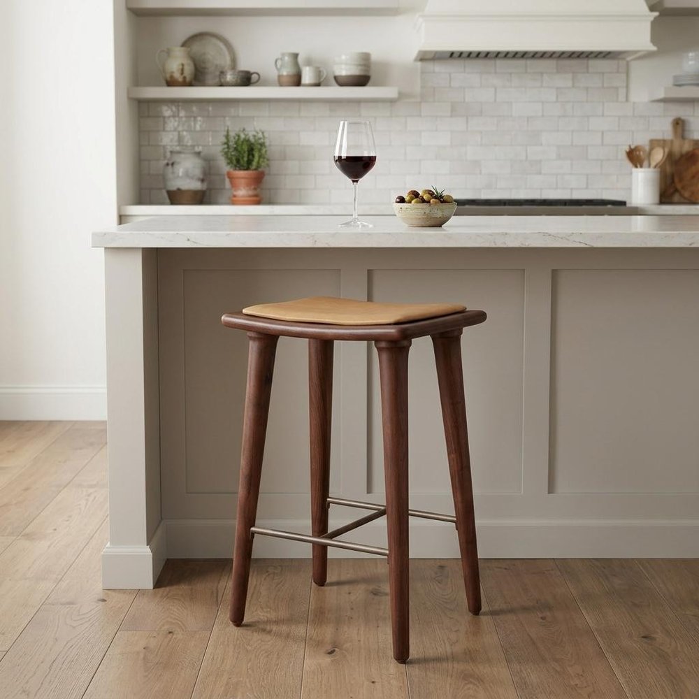 24" Cream And Brown Solid Wood Backless Counter Height Bar Chair