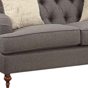 61" Dark Gray And Brown Linen Curved Loveseat and Toss Pillows