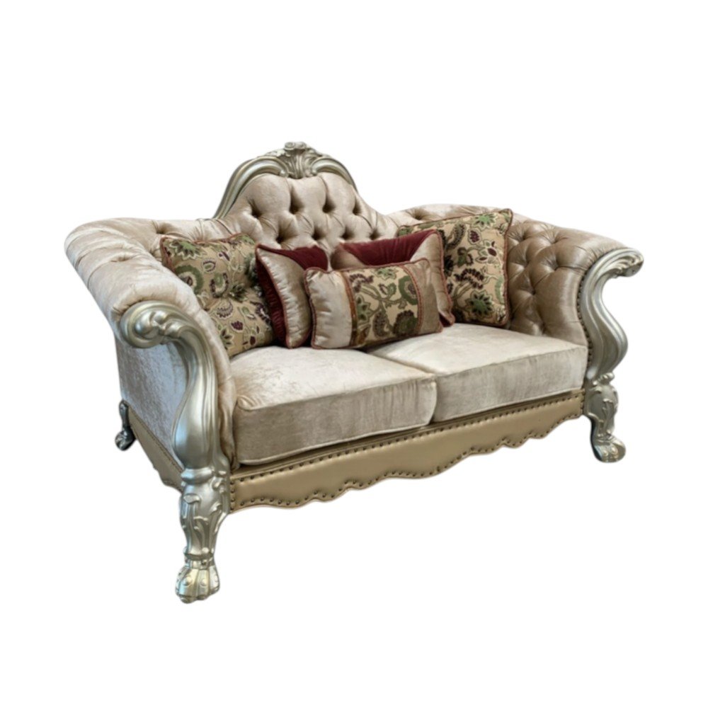 73" Bone Velvet Loveseat and Toss Pillows