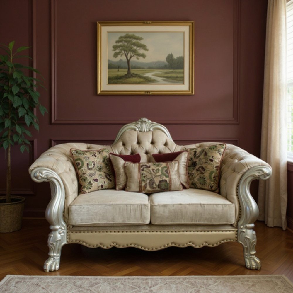 73" Bone Velvet Loveseat and Toss Pillows