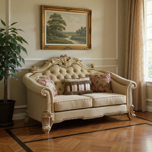 67" Bone And Gold Faux Leather Loveseat and Toss Pillows