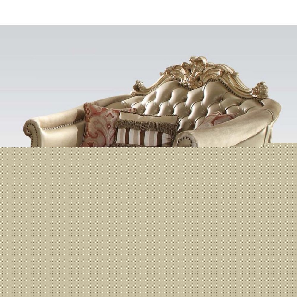 67" Bone And Gold Faux Leather Loveseat and Toss Pillows