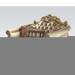 67" Bone And Gold Faux Leather Loveseat and Toss Pillows