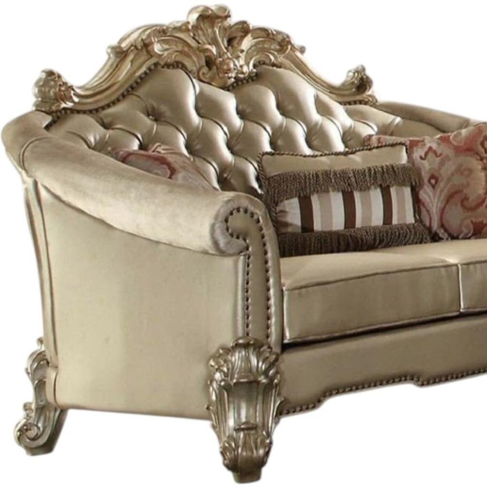 67" Bone And Gold Faux Leather Loveseat and Toss Pillows