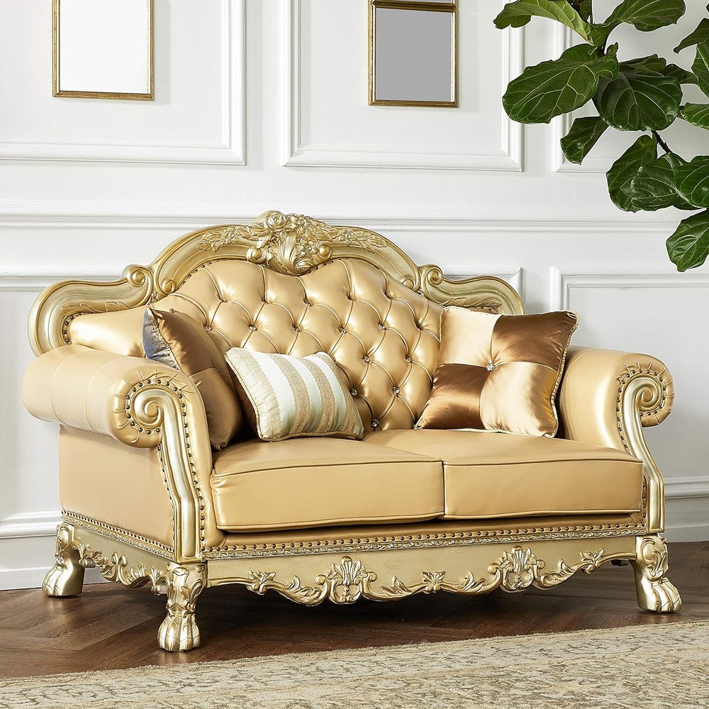 64" Bone And Gold Faux Leather Loveseat and Toss Pillows