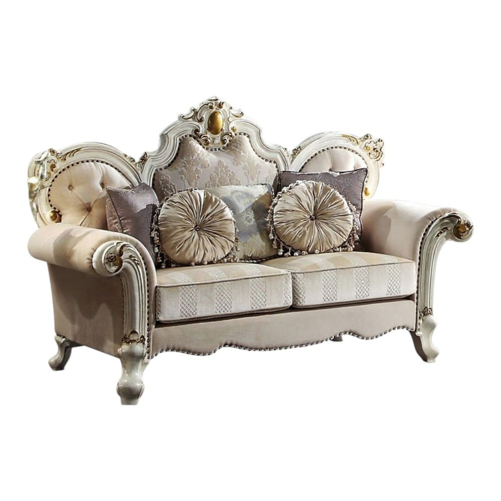 70" Gold And Pearl Velvet Loveseat and Toss Pillows