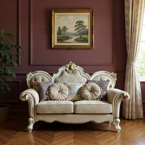 70" Gold And Pearl Velvet Loveseat and Toss Pillows
