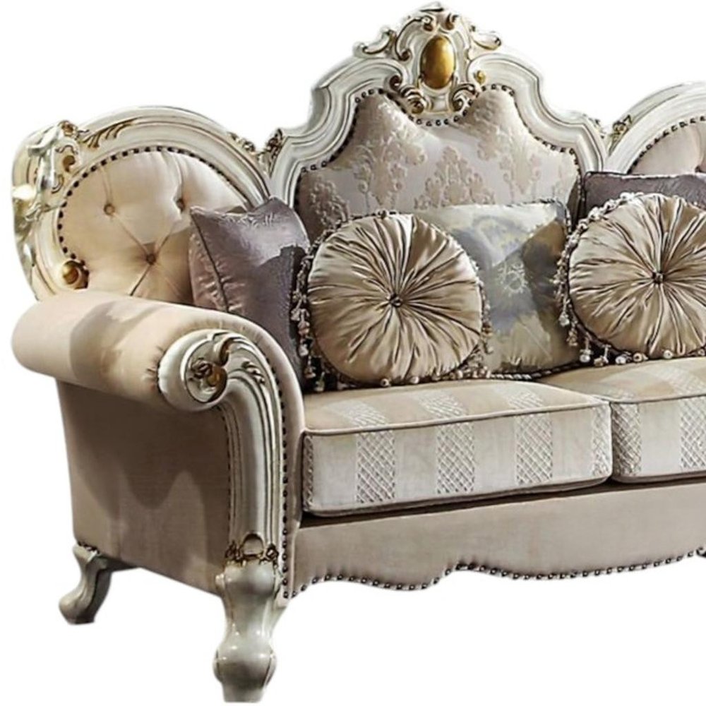 70" Gold And Pearl Velvet Loveseat and Toss Pillows