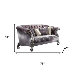 76" Purple And Platinum Velvet Loveseat and Toss Pillows