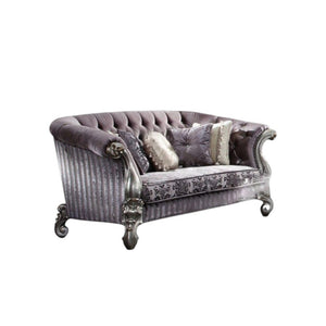 76" Purple And Platinum Velvet Loveseat and Toss Pillows