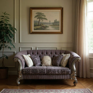 76" Purple And Platinum Velvet Loveseat and Toss Pillows