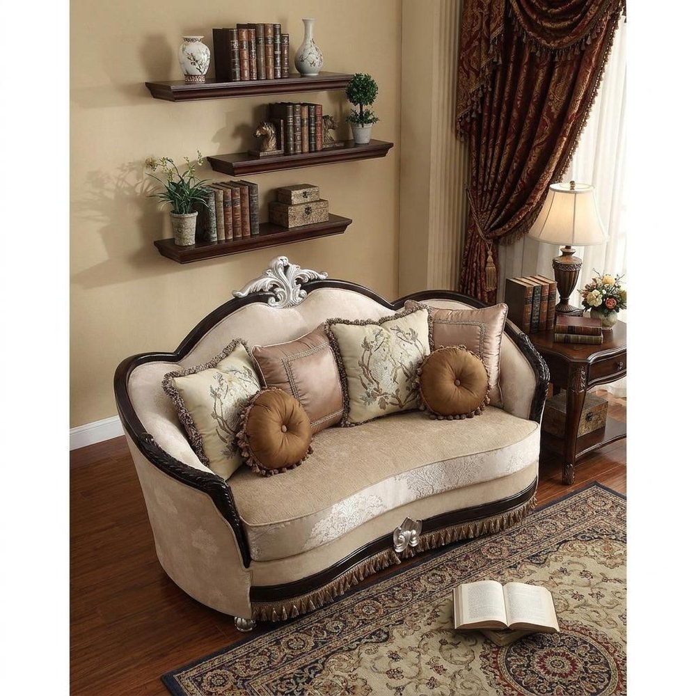 75" Tan Velvet Curved Loveseat and Toss Pillows