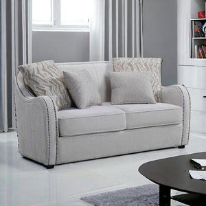 63" Beige And Black Linen Curved Loveseat and Toss Pillows