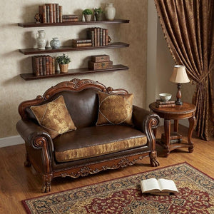 67" Brown And Redwood Faux Leather Loveseat and Toss Pillows