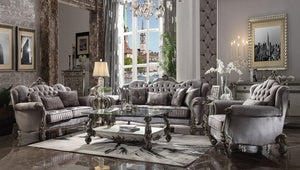 44" Gray and Platinum Velvet Floral Tufted Club Chair And Toss Pillow