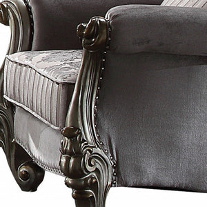 44" Gray and Platinum Velvet Floral Tufted Club Chair And Toss Pillow