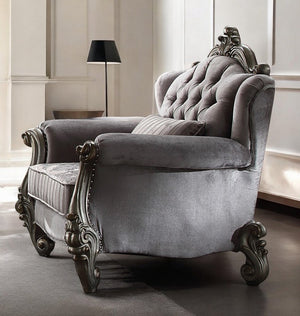 44" Gray and Platinum Velvet Floral Tufted Club Chair And Toss Pillow