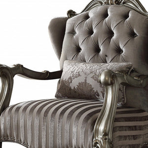 33" Gray and Platinum Velvet Striped Tufted Wingback Chair And Toss Pillow