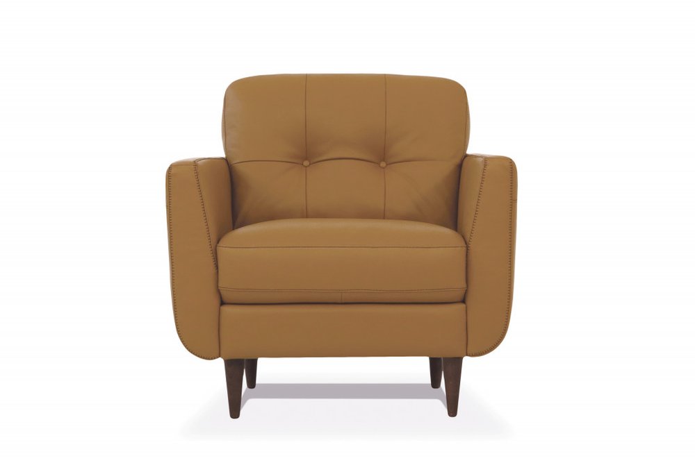 35" Camel and Black Genuine Leather Tufted Arm Chair