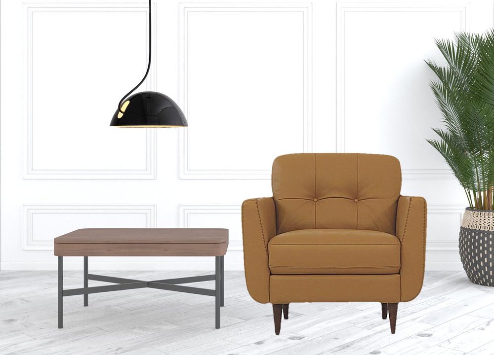 35" Camel and Black Genuine Leather Tufted Arm Chair