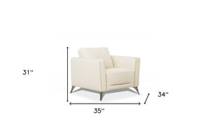 35" Cream and Black Genuine Leather Arm Chair