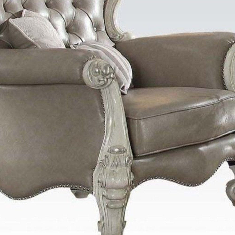 43" Gray and Bone Faux Leather Tufted Chesterfield Chair And Toss Pillows