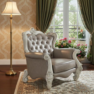43" Gray and Bone Faux Leather Tufted Chesterfield Chair And Toss Pillows
