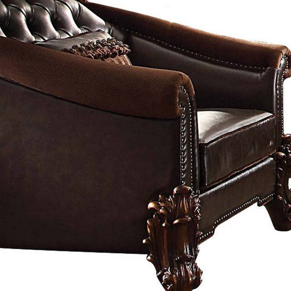 43" Dark Brown Faux Leather Tufted Chesterfield Chair And Toss Pillow