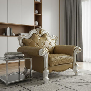 50" Beige and Pearl Faux Leather Tufted Arm Chair And Toss Pillow