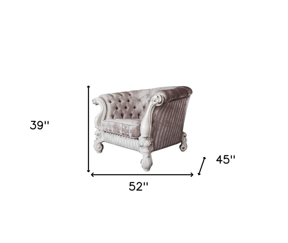 52" Ivory and Bone Fabric Damask Tufted Chesterfield Chair And Toss Pillows