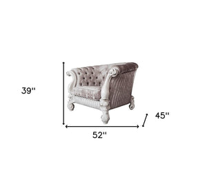 52" Ivory and Bone Fabric Damask Tufted Chesterfield Chair And Toss Pillows