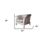 52" Ivory and Bone Fabric Damask Tufted Chesterfield Chair And Toss Pillows