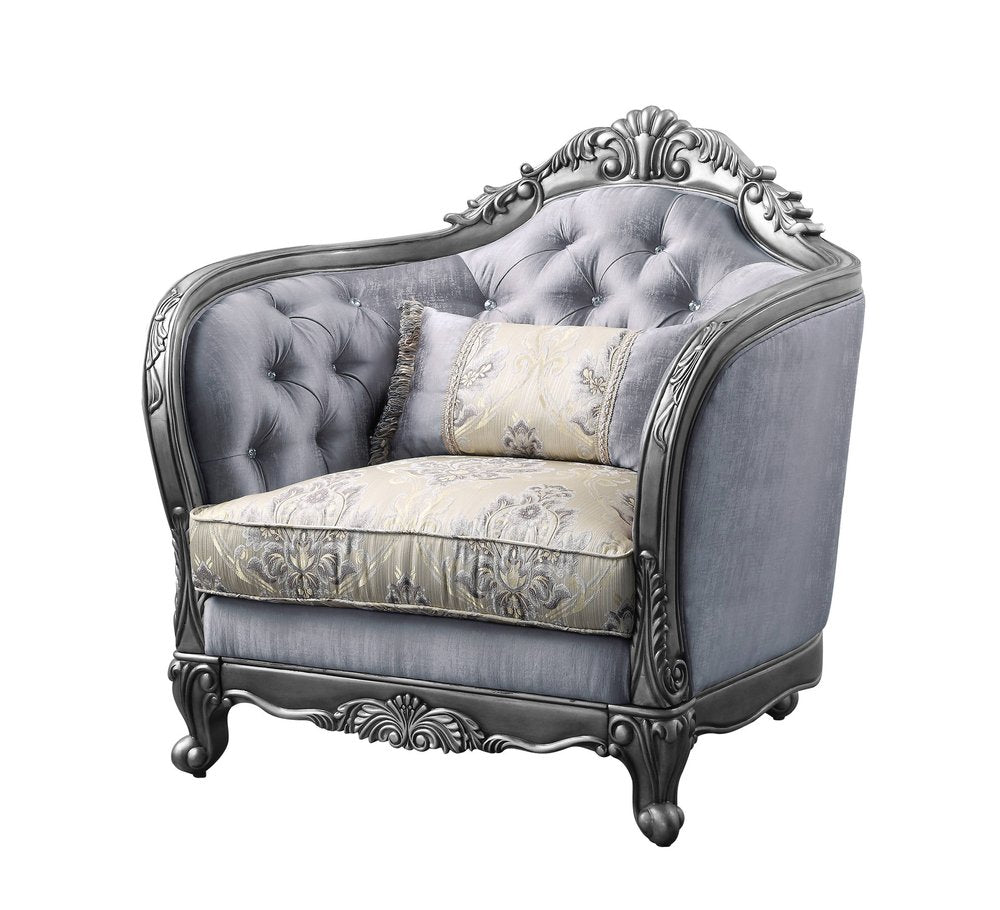 43" Light Gray and Platinum Fabric Floral Tufted Arm Chair And Toss Pillow